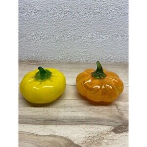 Set Of 2 Unbranded Hand Blow Glass Pumkins Orange & Yellow